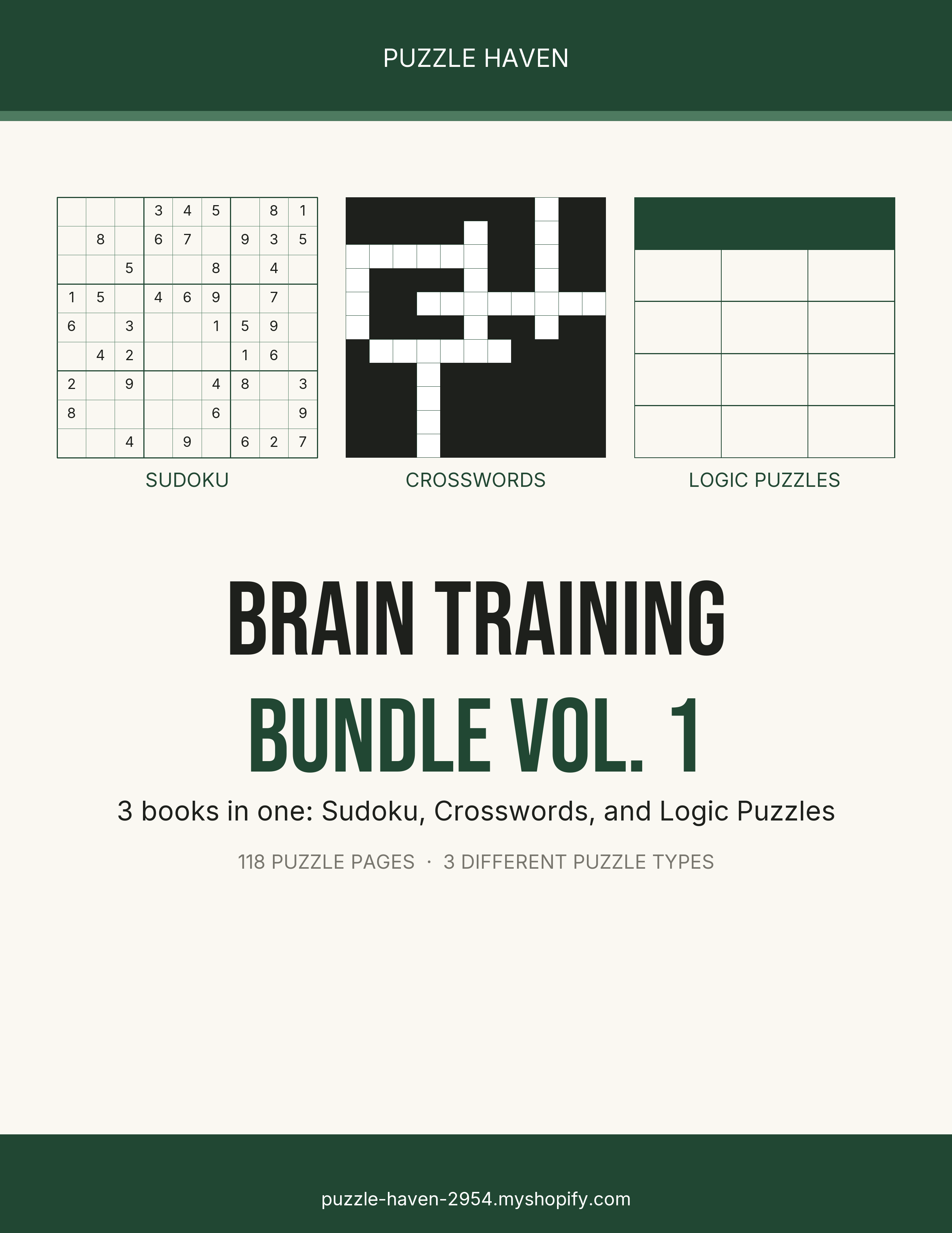 Brain Training Bundle Vol. 1 cover — Sudoku, Crosswords, and Logic Puzzles samples